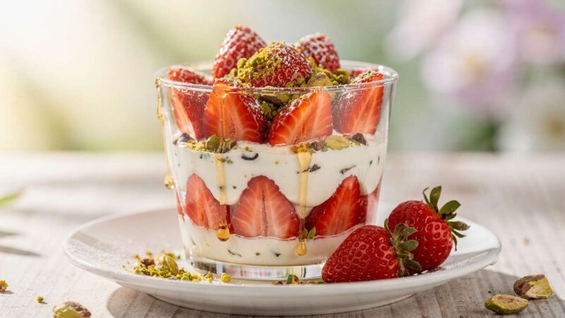 Fragole con crema al mascarpone e granella di pistacchio il